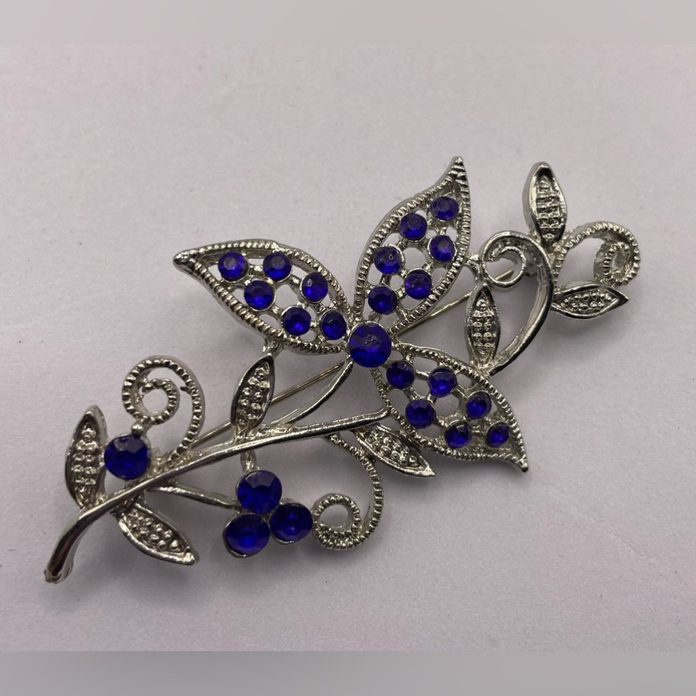 3 for $30 Vintage Floral Brooch Pin Silver Tone with Blue Faceted Crystals